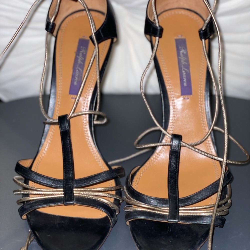 Navy Blue  and Gold 38 1/2 Made in Italy. Ralph Lauren tie up heels.